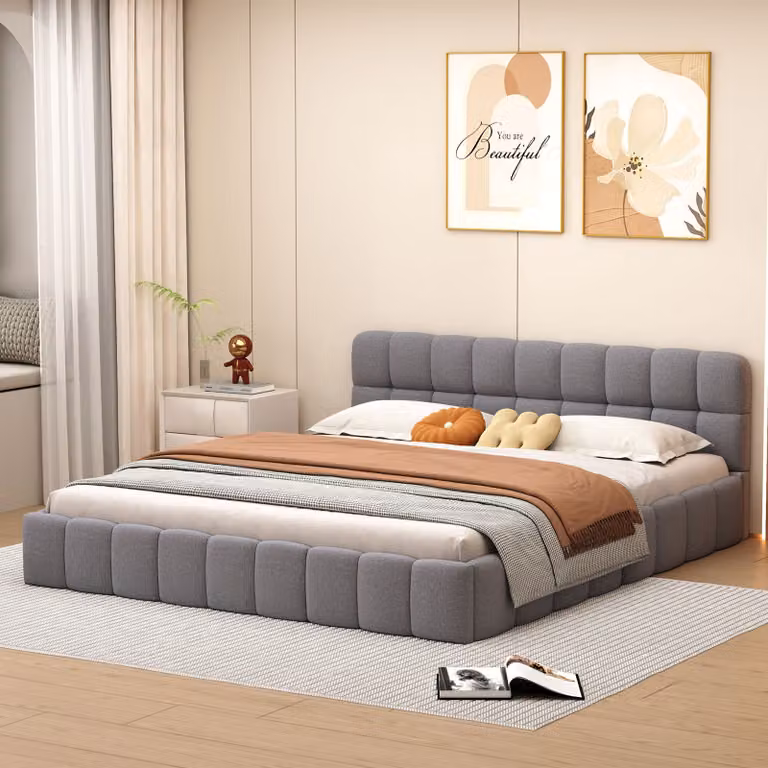 Letto imbottito ProximaX 160x200 cm - letto matrimoniale con rete a doghe, testata e sponde imbottite, lino, grigio
