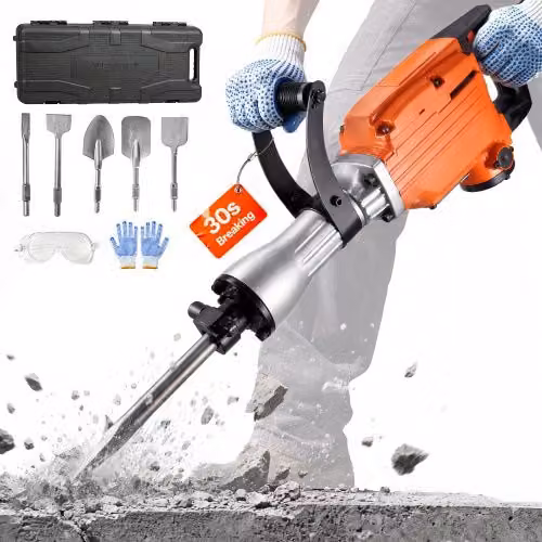 VEVOR Martello Demolitore Elettrico 2200W con 6 Punte a Scalpello, Kit per Demolizione di Cemento, Mattoni e Piastrelle, 1400 BPM, Colore Arancione