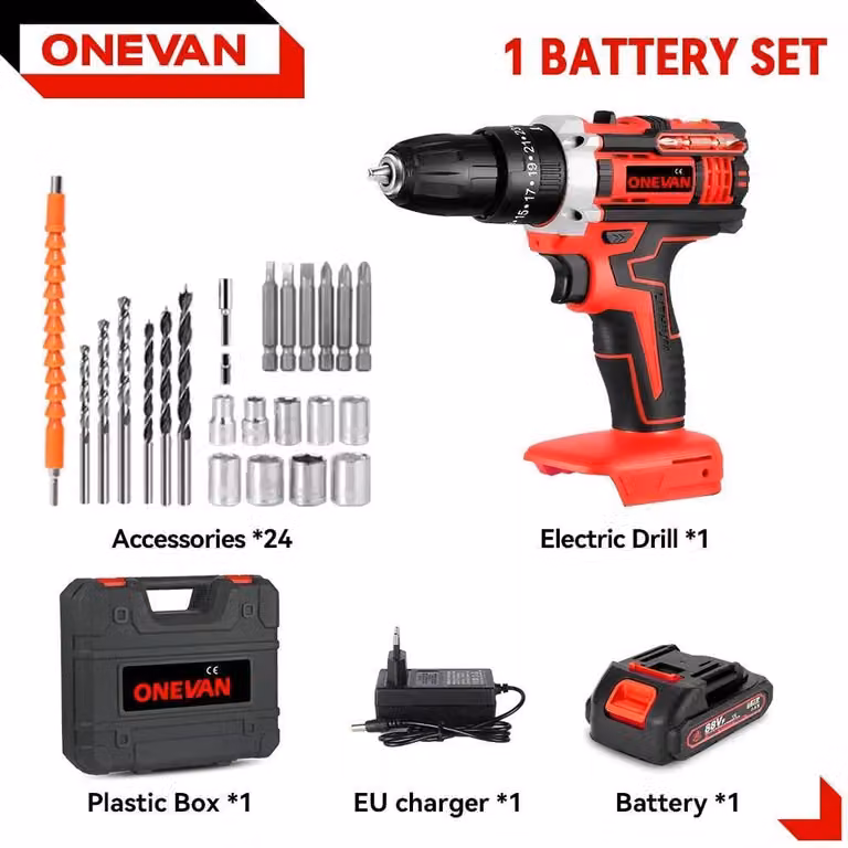 Trapano avvitatore a batteria - Trapano/avvitatore - 25+3 livelli di coppia - 1600 giri/min - Motore a spazzole - 1 batteria inclusa - Spina europea - Colore: giallo