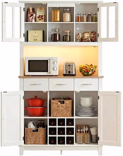 Credenza alta bianca con 4 ante, 3 cassetti e portabottiglie con illuminazione LED per cucina e soggiorno, L: 100 cm, P: 39.5 cm, H: 180 cm
