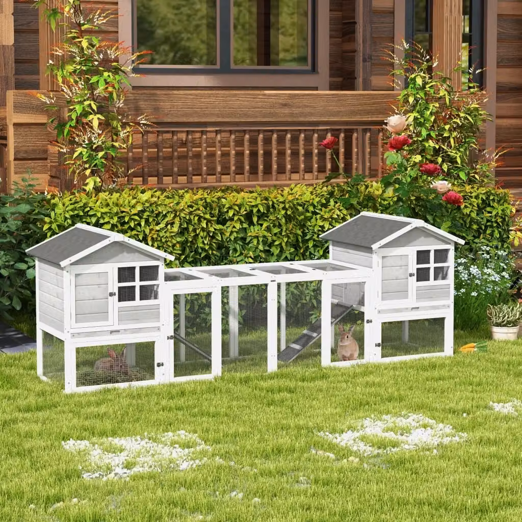 Gabbia per conigli GIORDANOSHOP in legno di abete grigio con 2 casette e rampe, L: 259 cm, P: 64 cm, H: 92 cm – 2