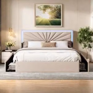 Letto imbottito UnboxG 160x200cm con LED e testata regolabile in altezza, letto matrimoniale con rete a doghe e 4 cassetti, letto contenitore per biancheria