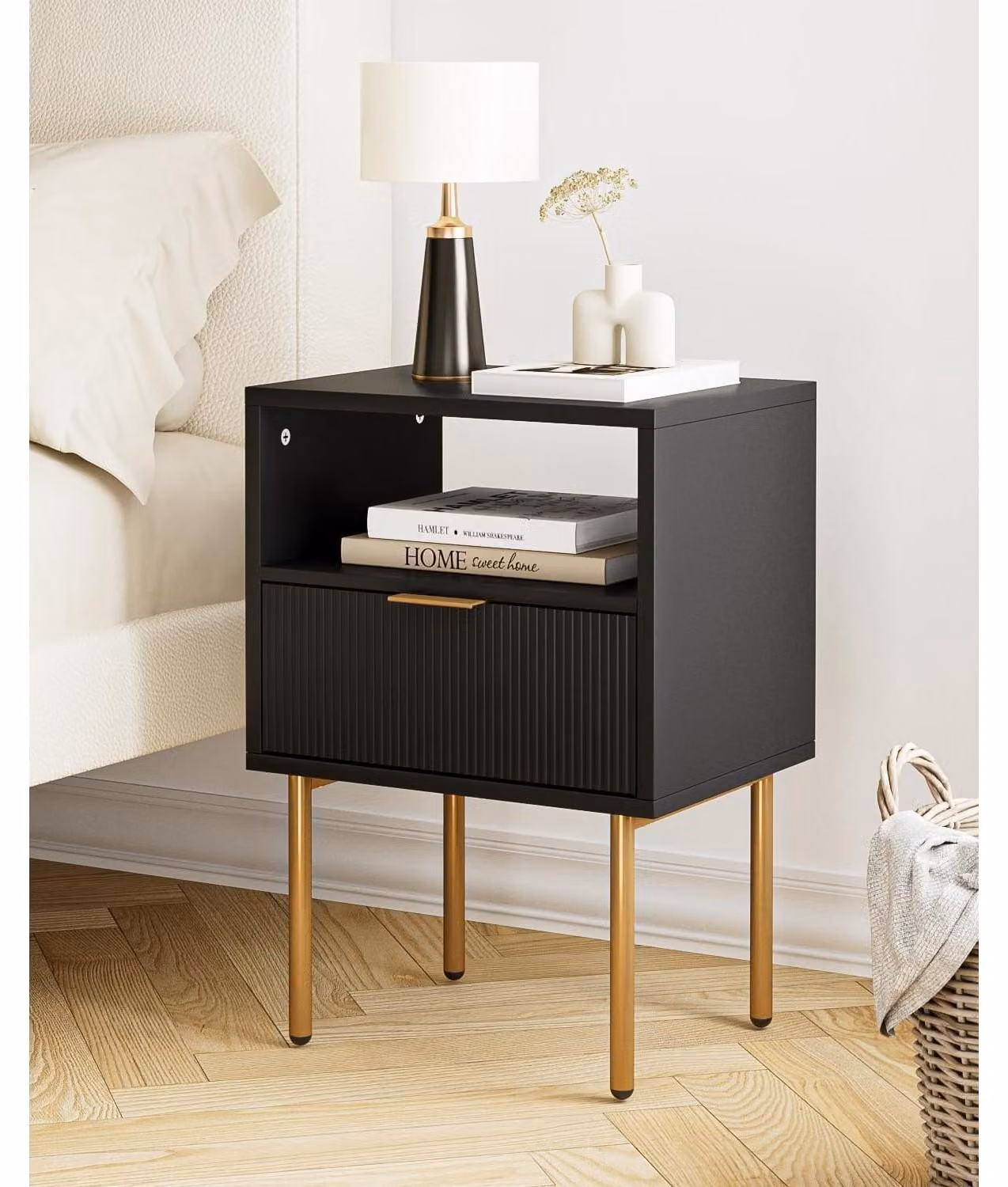 Tavolino da comodino - Realizzato in MDF - Colore nero e oro