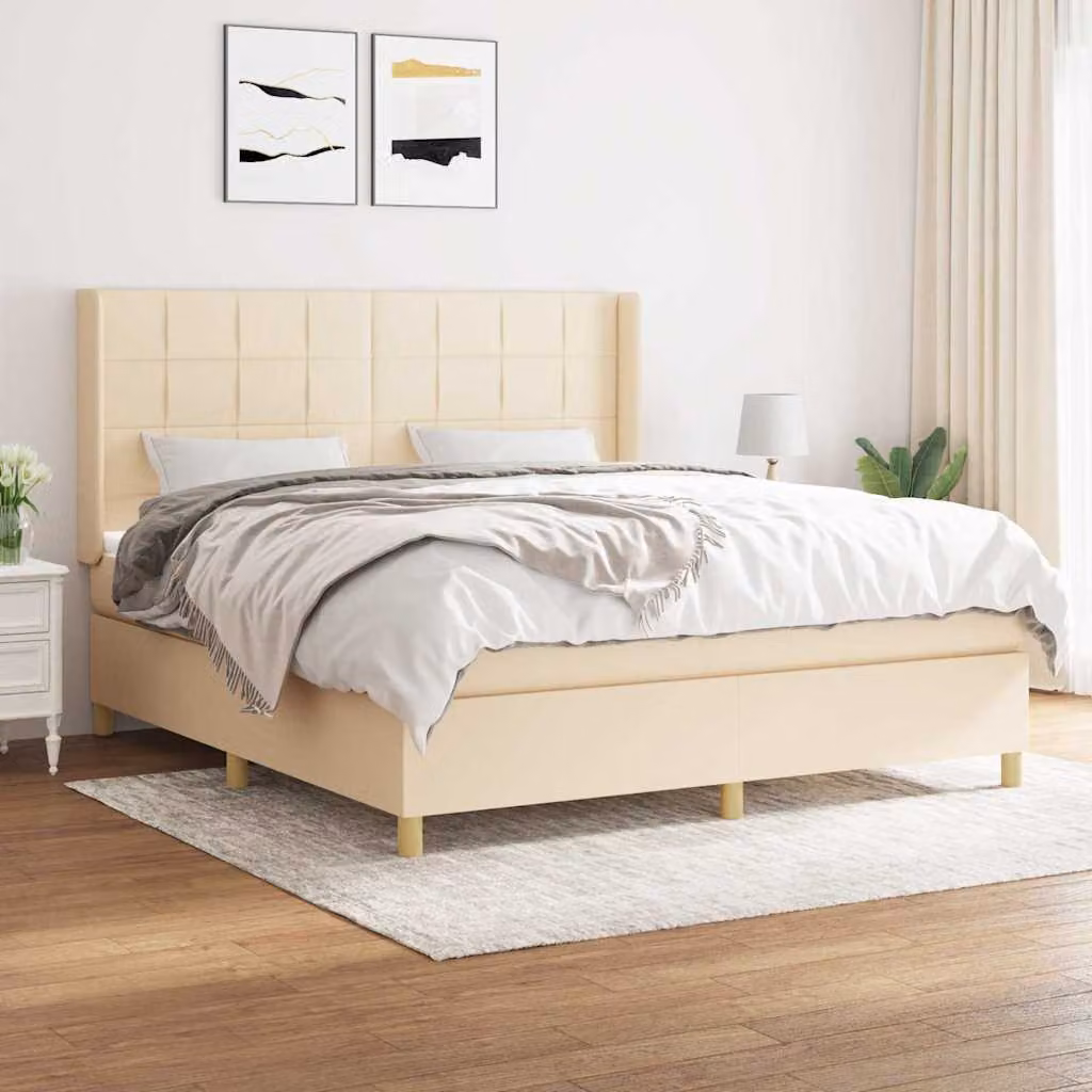 vidaXL Giroletto a Molle con Materasso Ibrido in Tessuto Beige e Bianco L/P: 160 x 200 cm