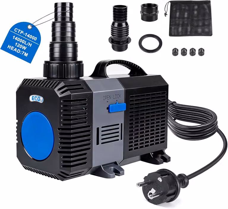 Pompa per stagno da 14000 litri/ora, 120W, per uso esterno, con sistema di filtrazione a basso consumo energetico e girante in Vetroceramica