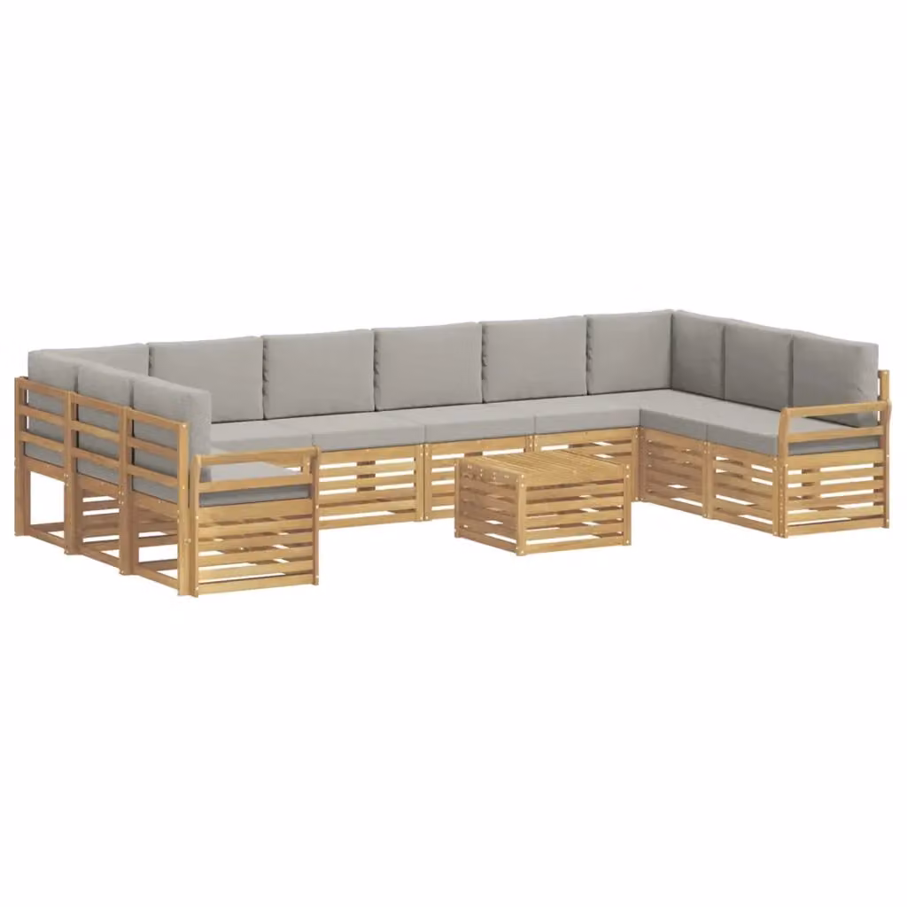 Set di divani da esterno vidaXL a forma di L composto da 11 pezzi con tavolino da caffè, in legno di acacia e tessuto bianco e grigio – 2