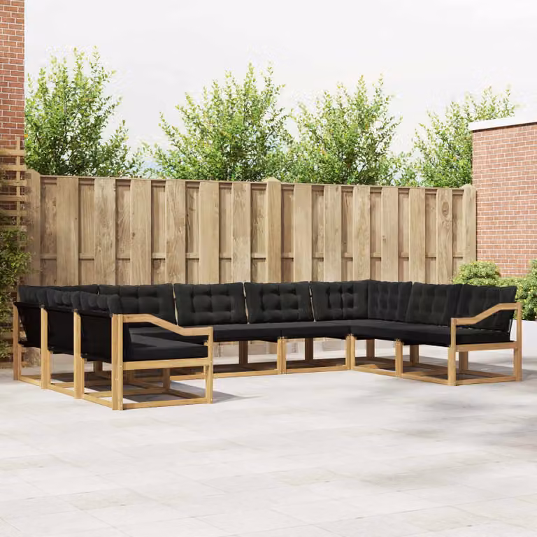 Set di divani da esterno a L vidaXL in legno di acacia con cuscini, 9 pezzi, Bianco, Nero e Marrone