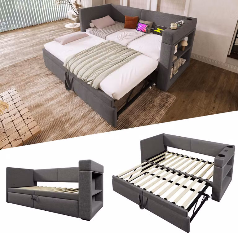 Divano letto STILVORA 90x200 con letto estraibile e portabicchieri, divano prendisole con porta USB e Type-C e spazio contenitore, letto singolo in lino con materasso, colore grigio