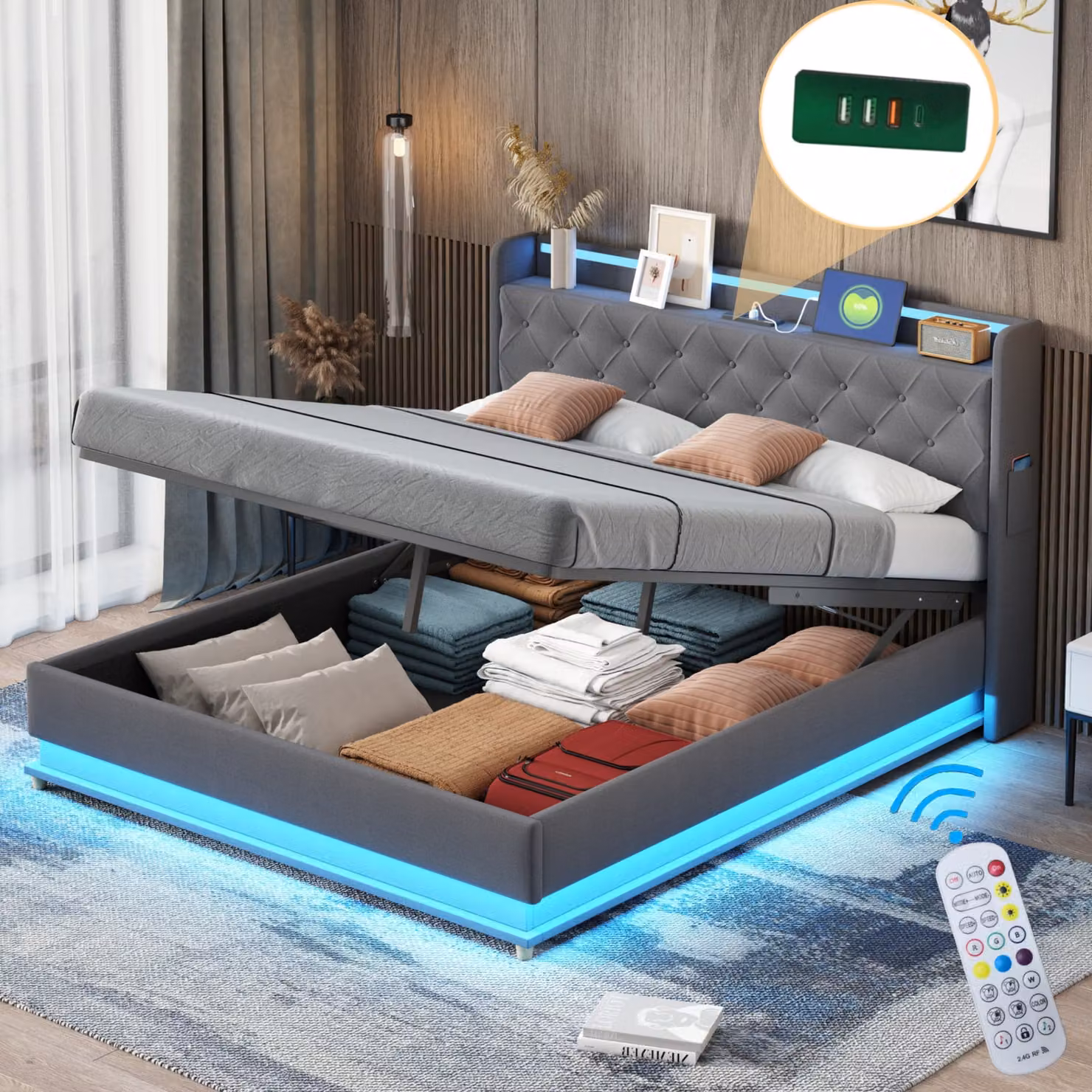 Letto imbottito STILVORA 160×200 cm, letto matrimoniale con porta USB e vano portaoggetti, struttura idraulica con luci LED, rivestimento in lino delicato sulla pelle, grigio (senza materasso)