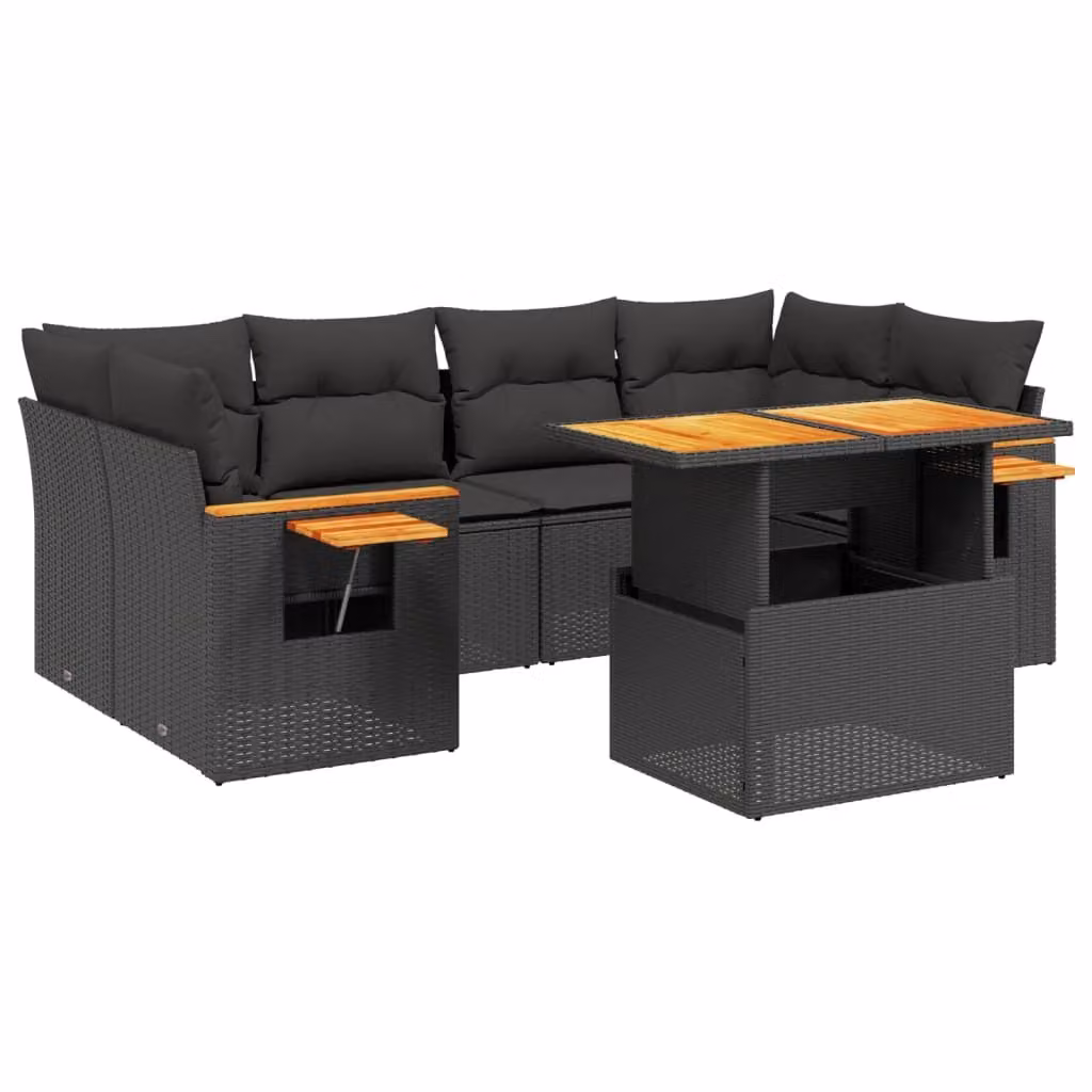 Set Divani da Giardino con Cuscini 7pz Nero Polyrattan