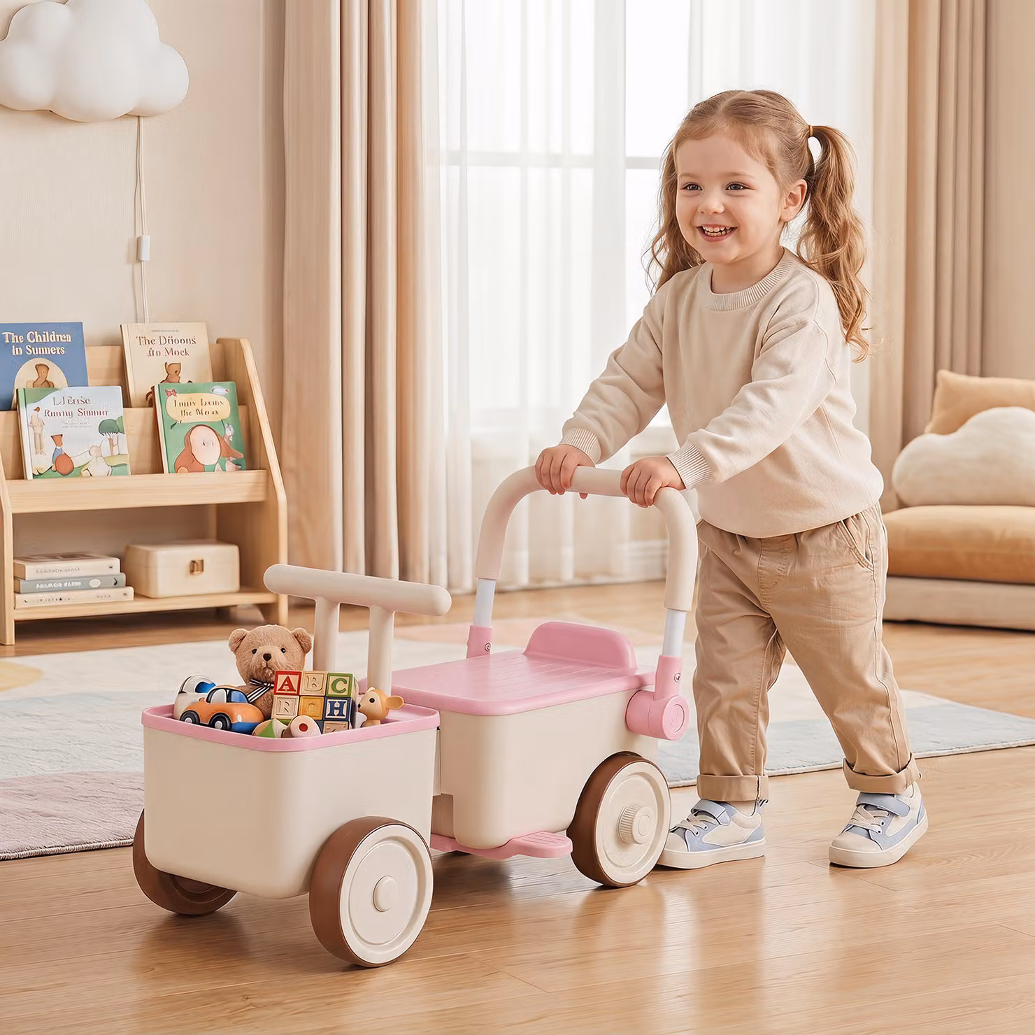 Auto a spinta 3 in 1 Costway per bambini con corda di traino e vano portaoggetti, modello cavalcabile rosa per età 3-6 anni