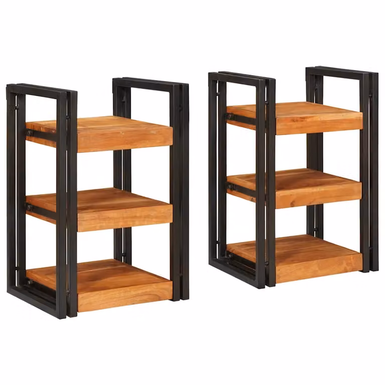 Set di 2 comodini vidaXL in legno di acacia e metallo, colore marrone e nero, L 38 cm x P 33 cm x H 58 cm