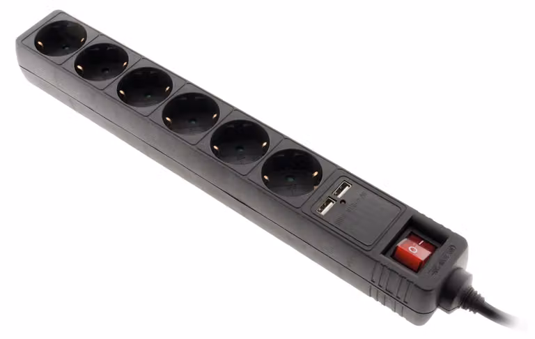 Zenitech, ciabatta multipresa con 6 prese Schuko da 16A + 2 porte USB-A, bianca e nera, cavo H05VV-F 3G1
