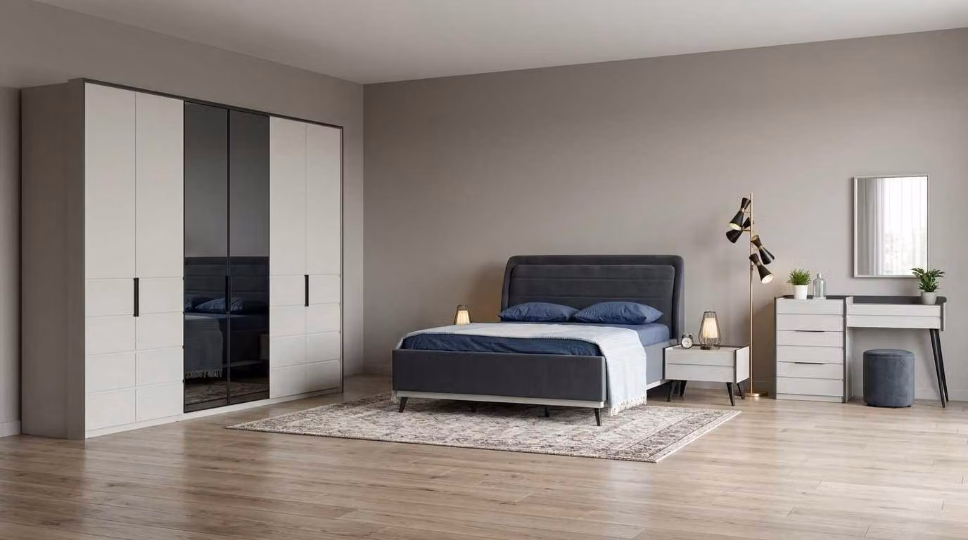 Set per camera da letto: letto, comodini, armadio, design moderno, colore blu, vetro, elegante
