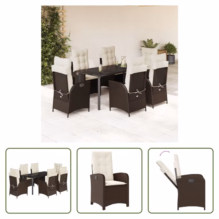 The Living Store Set da pranzo da giardino 7 pezzi con cuscini in polirattan marrone