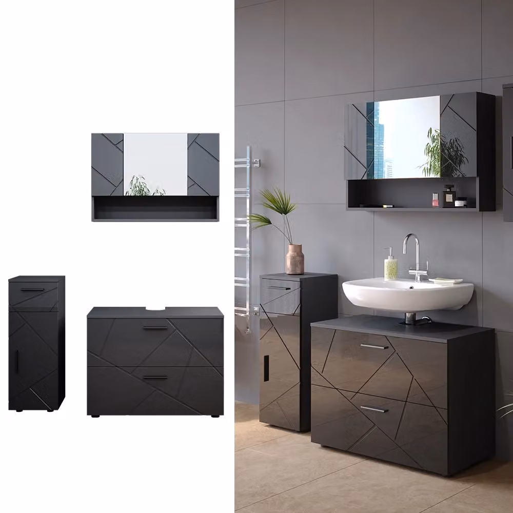Set mobili bagno Vicco Irma Antracite lucido, composto da 3 pezzi con base lavabo, pensile specchio e mobileto laterale – 2