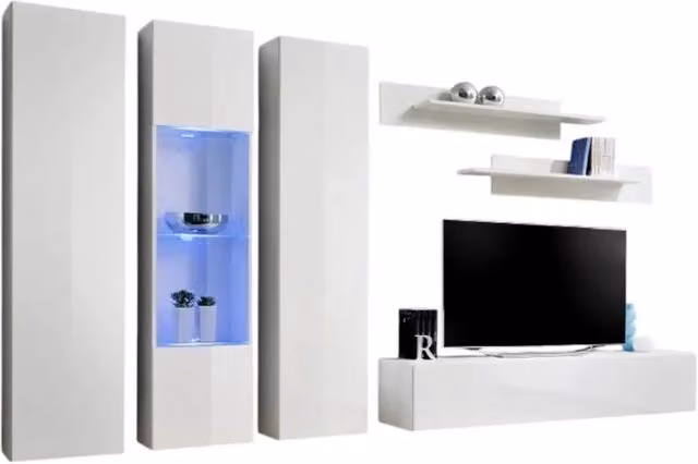 Composizione murale FLY C4 Meublorama per soggiorno, mobile TV sospeso con vetrine LED e colonne, Bianco lucido, L: 310 cm, H: 170 cm, P: 40 cm – 1