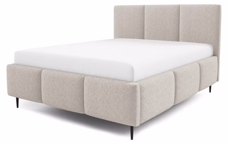 Letto imbottito con contenitore integrato, modello Melora, colore sabbia, dimensioni 140 x 200 cm