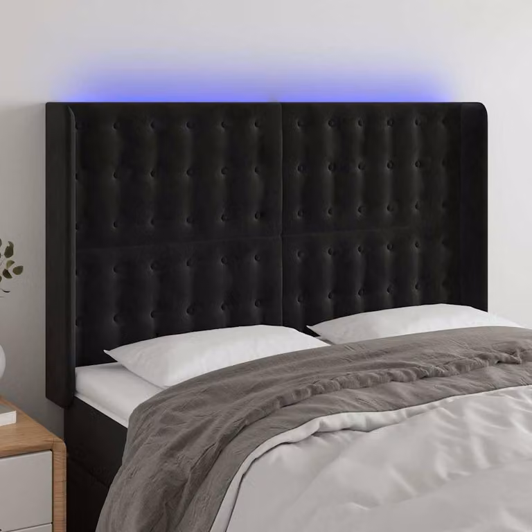 Testiera per letto vidaXL in velluto nero con illuminazione LED e porta di ricarica USB, L 147 cm, P 16 cm, H 118/128 cm