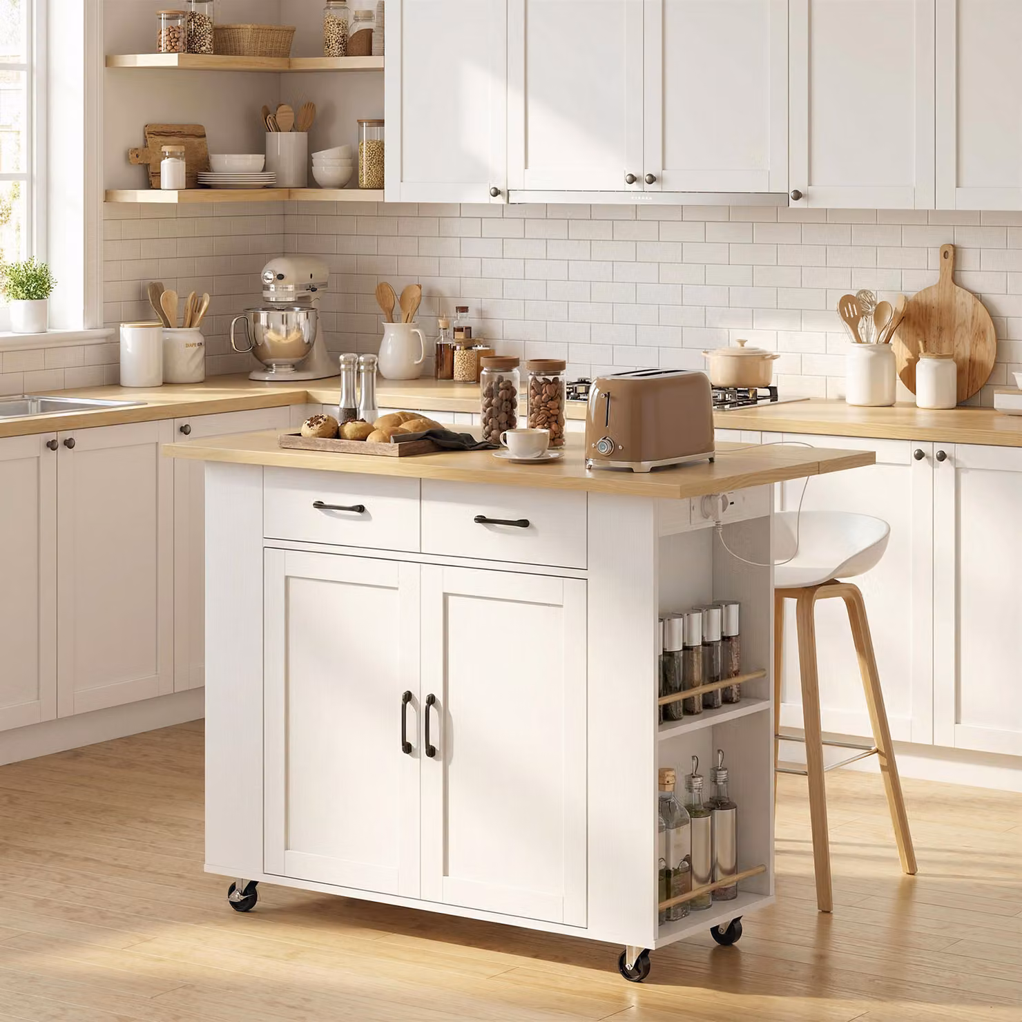 Isola da cucina HOMCOM con stazione di ricarica, carrello su ruote con piano di lavoro ribaltabile e 2 cassetti, bianco – 2