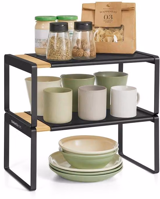 Ibenzoa® Set da 2 ripiani estraibili per erbe aromatiche e organizer da cucina – regolabili da 33 a 54 cm, in legno e acciaio, capacità fino a 21 kg per ripiano, impilabili