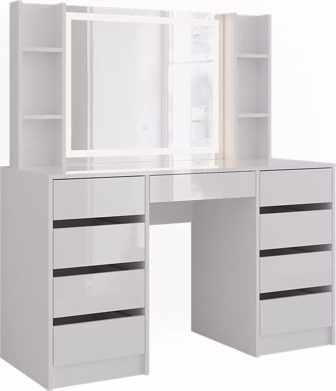 Tavolo da toeletta Vicco Sherry Bianco/Bianco lucido 128.2 cm con specchio a LED, Model 57639