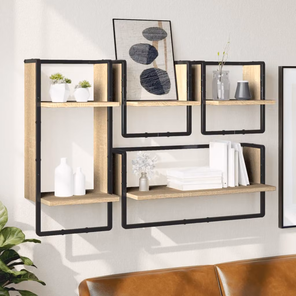 Set di 4 mensole da parete vidaXL in legno multistrato e metallo, colore Rovere Sonoma, stile industriale