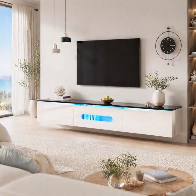 Mobile TV moderno bianco e nero con LED a 16 colori