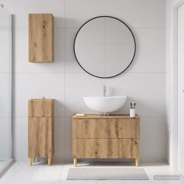Set di mobili da bagno in 3 pezzi vidaXL in legno rovere marrone con mobile lavabo e pensili a parete L/P/H: 82,0 x 42,8 x 80,0 cm, 80,0 x 41,0 x 42,8 cm e 41,0 x 42,8 x 34,0 cm