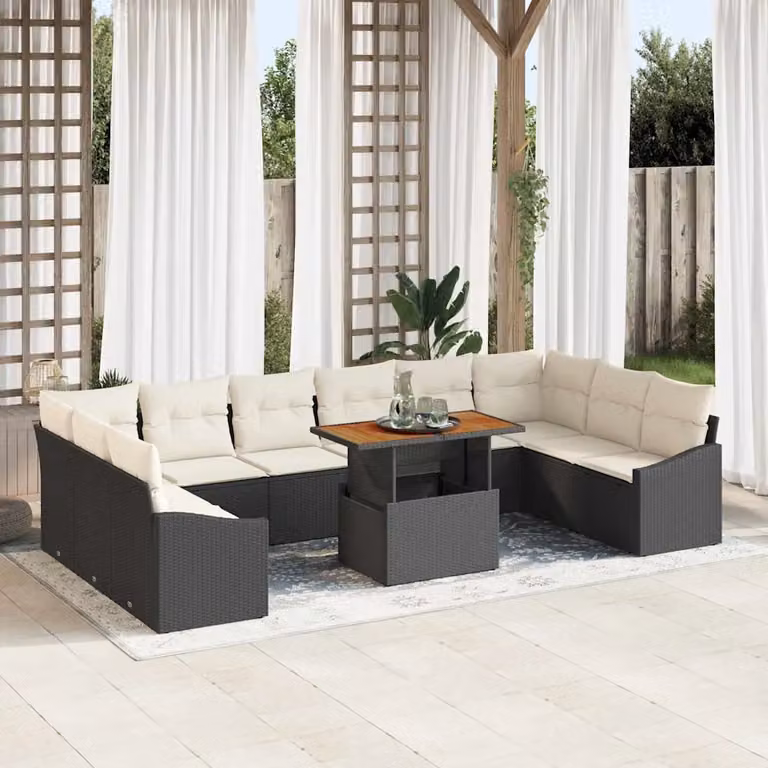 Set Divano da Giardino a L vidaXL in Polyrattan Nero con Cuscini e Tavolino da Esterno