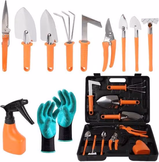 Set di 11 utensili da giardino Unyqoos® con borsa da trasporto e guanti, utensili in acciaio inossidabile, impugnature in gomma antiscivolo: rastrello, vanghe, sarchiatori, cesoie da potatura