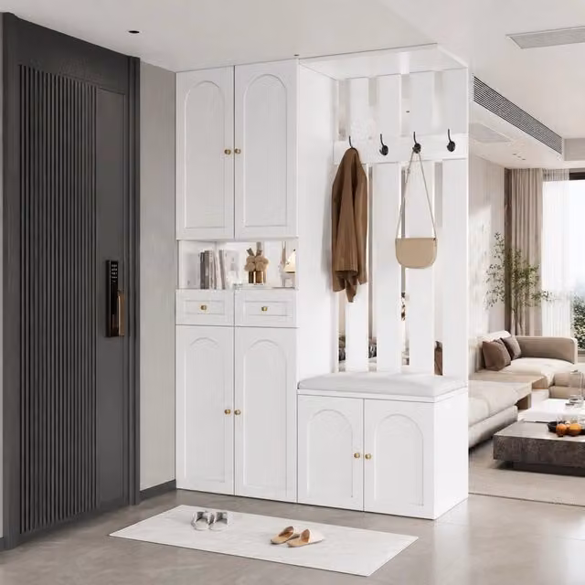 Mobile da ingresso 110x37x180 cm con panca; scarpiera e appendiabiti in truciolare bianco