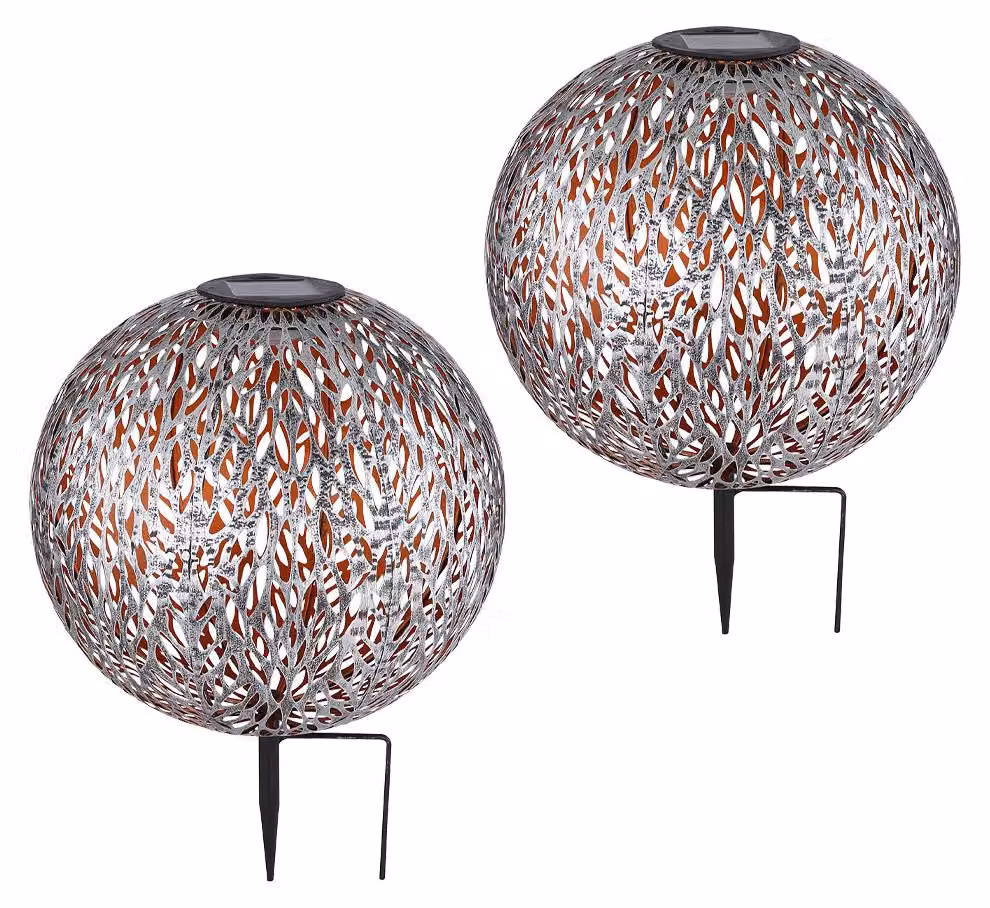 2 lampade solari a LED, a forma di sfera, con picchetto da inserire nel terreno, colore argento-grigio, dorate, altezza 38 cm