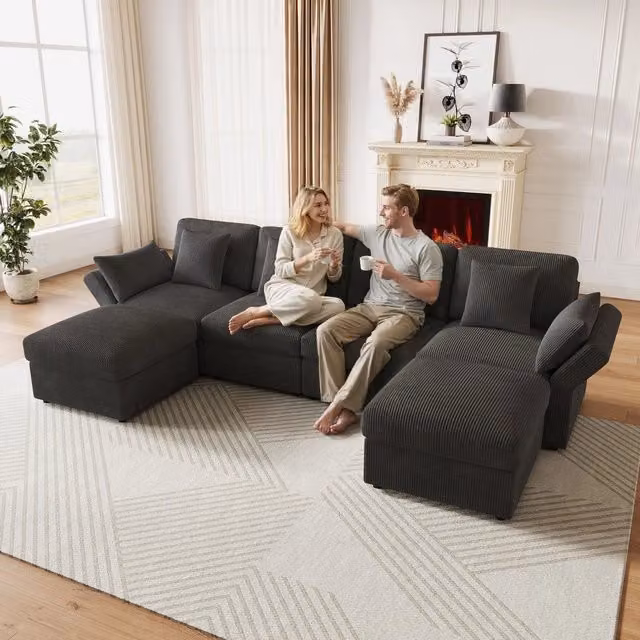 Divano angolare 6 posti ¨C Minimal ¨C grigio tessuto con braccioli regolabili poggiapiedi rimovibile