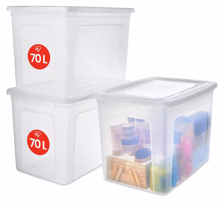 Contenitori multifunzionali Iris Ohyama, capacità 70 litri, set da 3, trasparenti, con coperchio facile da chiudere, impilabili, in plastica, ideali per armadi, scaffali, aule scolastiche, per l'organizzazione, per materiali artistici, scarpe, modello MCB