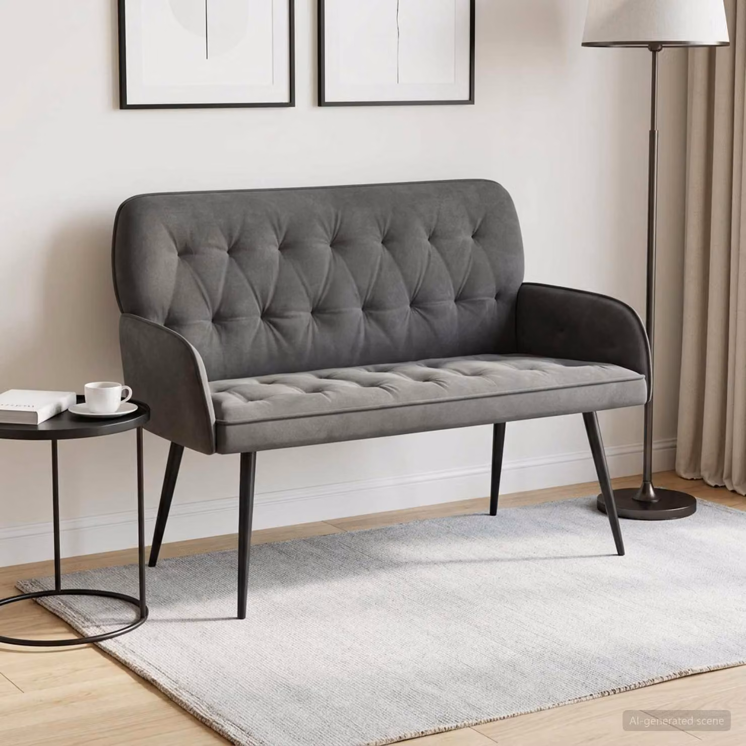 Divano a 2 posti vidaXL in tessuto grigio scuro con gambe in metallo e legno per soggiorno o camera da letto