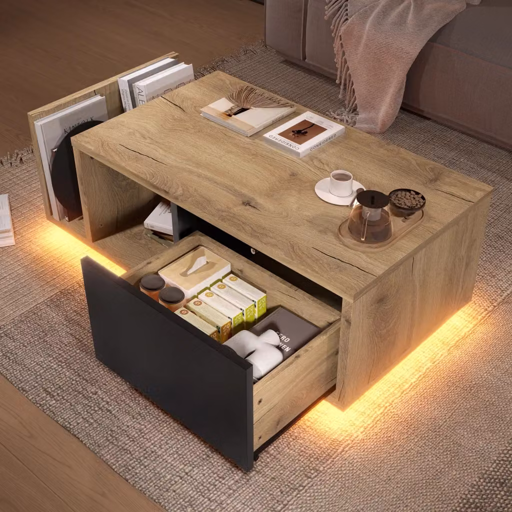 Madia REDOM con illuminazione LED integrata, colore beige e marrone, L: 99,5 cm, P: 53 cm, H: 38 cm – 2
