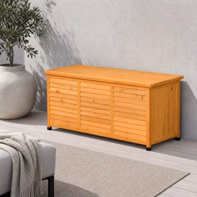 Cassapanca da giardino WISHDOR in legno di abete impermeabile con ampio spazio contenitivo, gialla e marrone, L 127 x P 56 x H 60 cm