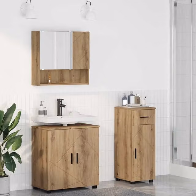 Set di mobili per il bagno vidaXL in 3 pezzi in legno rovere e metallo nero, stile minimalista, composto da mobile lavabo, armadietto con specchio e mobile laterale