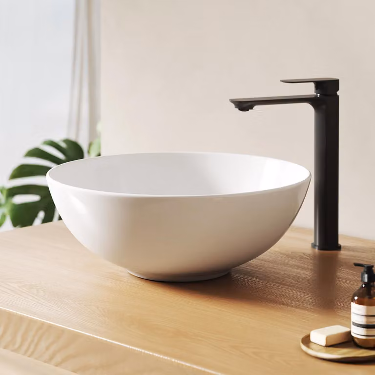 Lavabo da appoggio EMKE rotondo 415x415x155 mm, lavabo in ceramica bianco lucido opaco, senza foro per rubinetto e troppopieno, design ornes per bagni eleganti