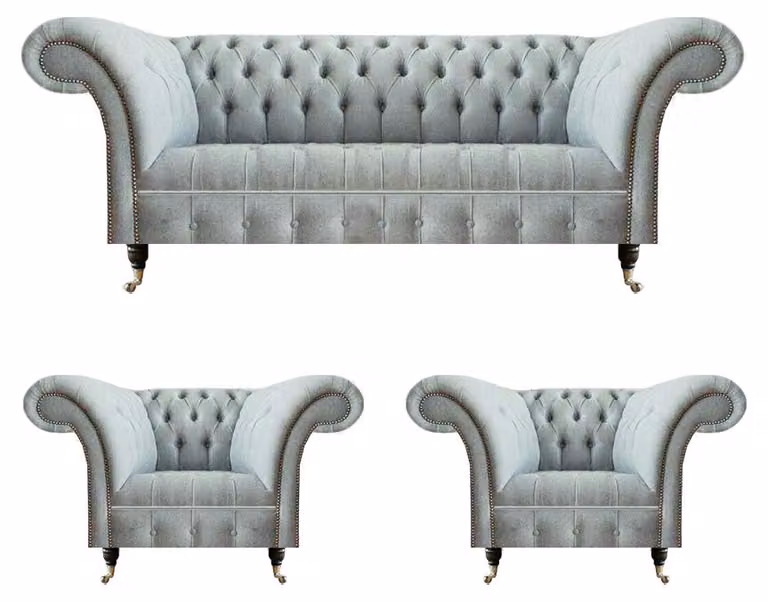 Hellgraue Wohnzimmer Chesterfield Garnitur Designer Sitzmöbel Sessel