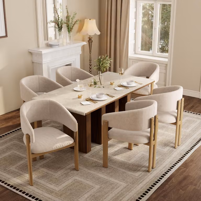 6 sedie da pranzo in metallo con finitura effetto legno, sedie da cucina rivestite in tessuto di lino, poltrone con dimensioni 61,5x52,5x83 cm, colore legno naturale