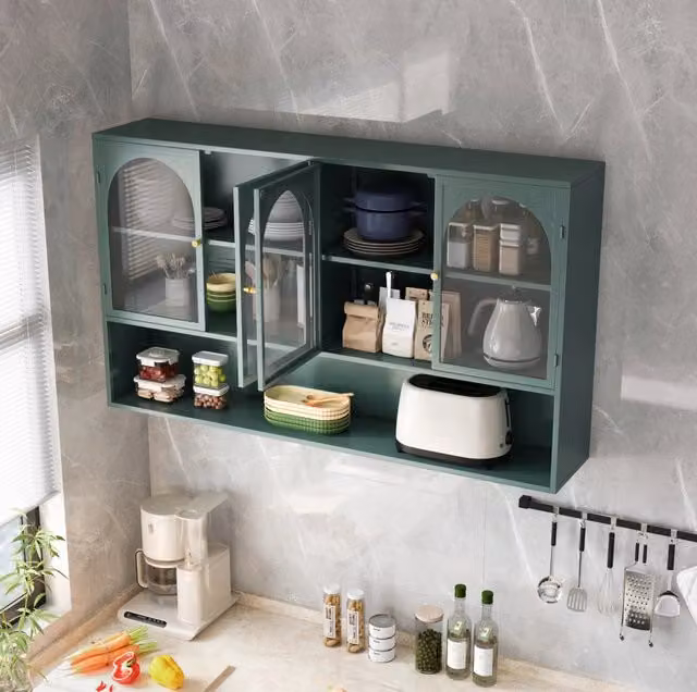 Armadietto da parete 120x23x70 cm in metallo e vetro grigio verde scuro, 4 ante -