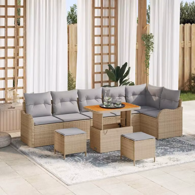 Set Divano da Giardino vidaXL 9 Pezzi Beige con Poltrona, Tavolino e Pouf in Polyrattan e Metallo con Cuscini Inclusi