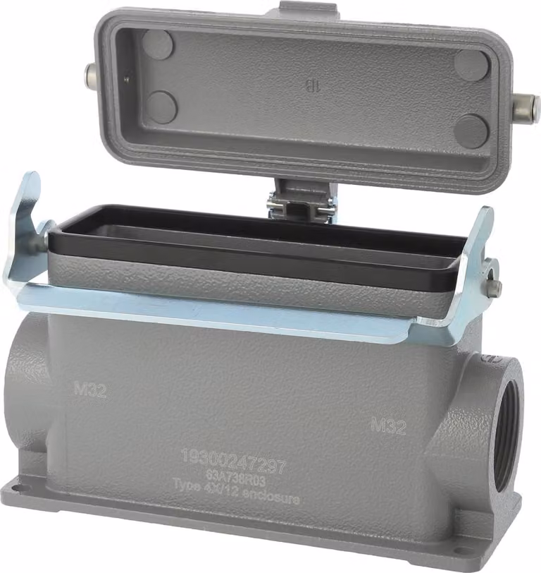 HARTING Han 24B Base alta, 2xPG29 uscita cavo laterale, con 1 staffa longitudinale con cappuccio protettivo in metallo - 1 pezzo