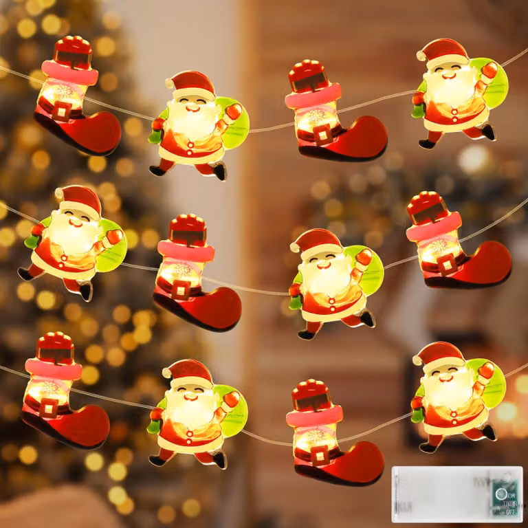 Catena luminosa natalizia, lunghezza 2,3 metri, 20 LED, luce bianco caldo, decorazione a forma di Babbo Natale, con timer