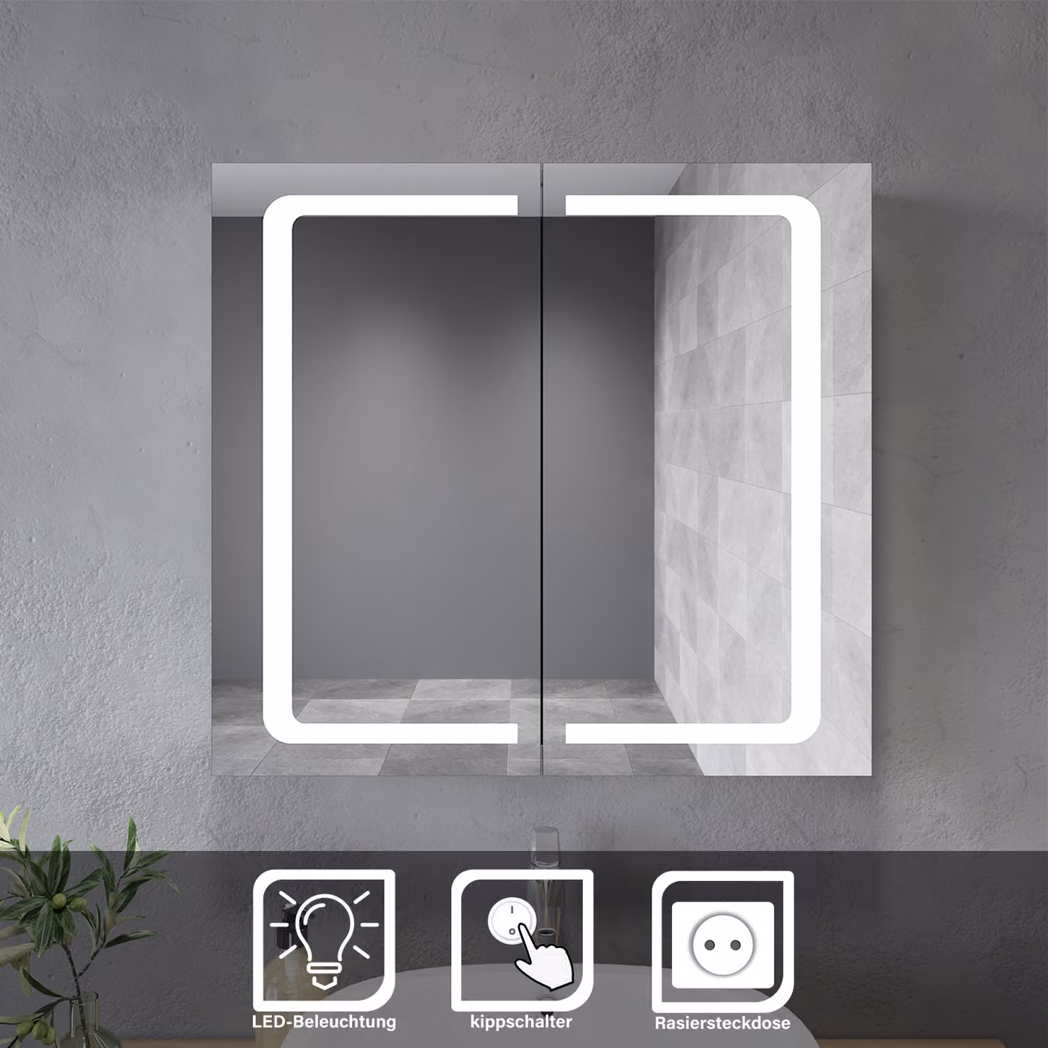 SONNI armadi a specchio in acciaio inox 70x65x13cm con interruttore a LED con presa per rasoio
