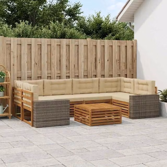 Set di divani da esterno a L con tavolino vidaXL in legno di acacia e tessuto beige e sabbia, composto da 7 pezzi con cuscini inclusi – 1