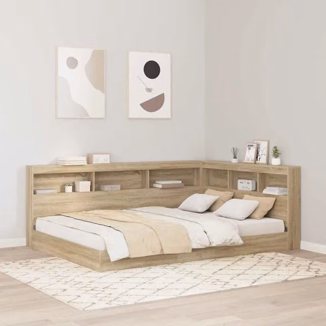 Testata letto con contenitore vidaXL in Rovere Sonoma e MDF marrone con ripiano integrato e porta di ricarica USB, L: 207,5 cm x H: 152,5 cm x P: 18 cm
