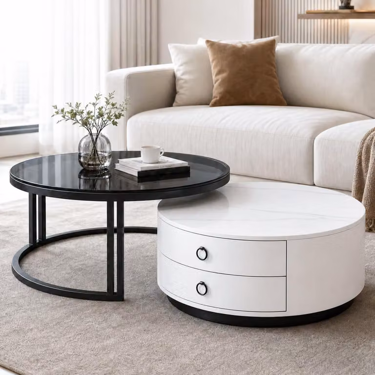 Set di tavolini da divano, 2 pezzi, forma rotonda, colore bianco, aspetto marmo, struttura in metallo